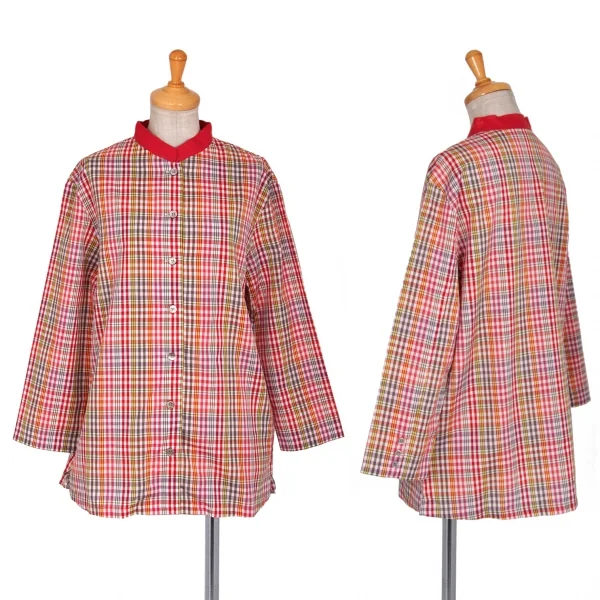 マドモアゼルノンノンMademoiselle NON NONコットンリネンマオカラー七分袖チェックシャツ 赤白他L K-76355_001