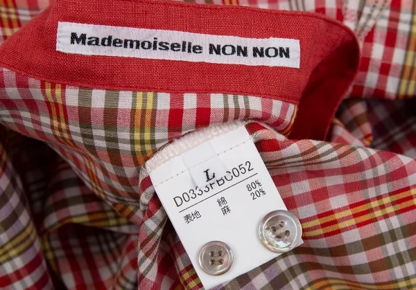マドモアゼルノンノンMademoiselle NON NONコットンリネンマオカラー七分袖チェックシャツ 赤白他L K-76355_013