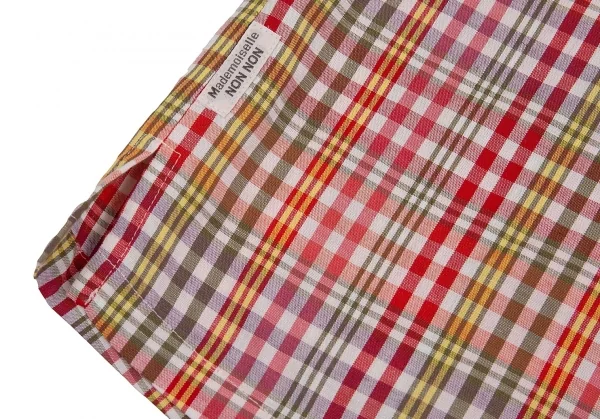 マドモアゼルノンノンMademoiselle NON NONコットンリネンマオカラー七分袖チェックシャツ 赤白他L K-76355_009