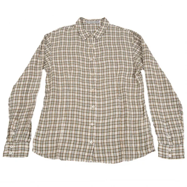 マドモアゼルノンノンMademoiselle NON NONチェック長袖リネンシャツ 白緑L K-76359_001