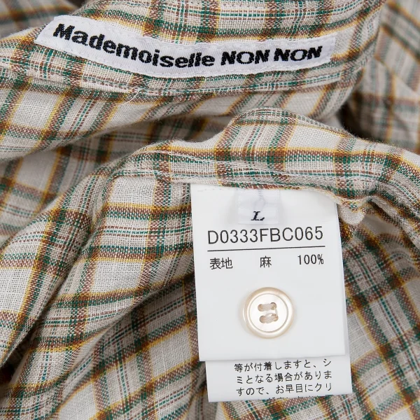マドモアゼルノンノンMademoiselle NON NONチェック長袖リネンシャツ 白緑L K-76359_012