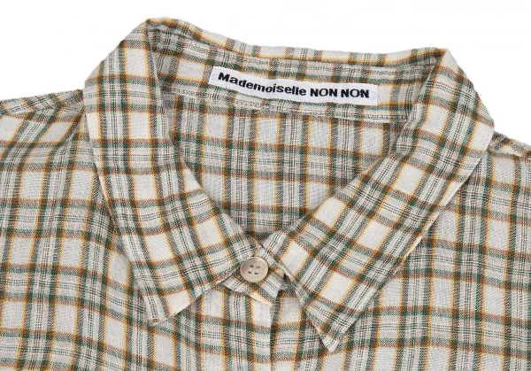 マドモアゼルノンノンMademoiselle NON NONチェック長袖リネンシャツ 白緑L K-76359_003