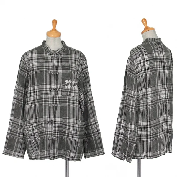 マドモアゼルノンノンMademoiselle NON NON刺繍リネンチャイナチェックジャケット グレー濃淡L位 K-76365_001