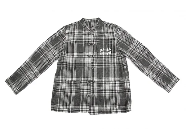 マドモアゼルノンノンMademoiselle NON NON刺繍リネンチャイナチェックジャケット グレー濃淡L位 K-76365_002