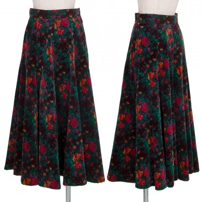 ケンゾーKENZO 花プリントベルベットフレアースカート ボルドーマルチ