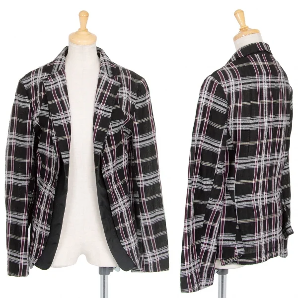 新品!ワイズY's フロントレイヤードボタンレスチェックジャケット 黒マルチ2 K-76780_001