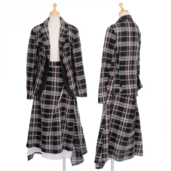 新品!ワイズY's フロントレイヤードボタンレスチェックジャケット 黒マルチ2 K-76780_013