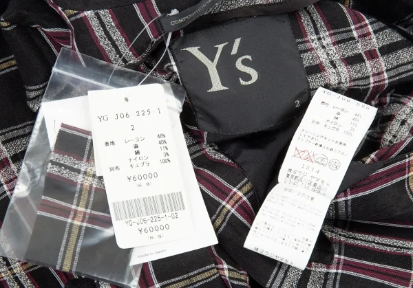 新品!ワイズY's フロントレイヤードボタンレスチェックジャケット 黒マルチ2 K-76780_015
