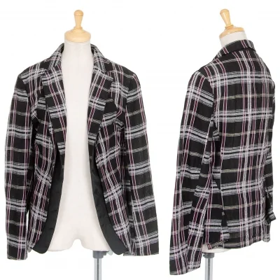 新品!ワイズY's フロントレイヤードボタンレスチェックジャケット 黒マルチ