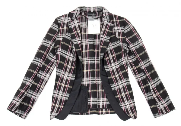 新品!ワイズY's フロントレイヤードボタンレスチェックジャケット 黒マルチ2 K-76780_002