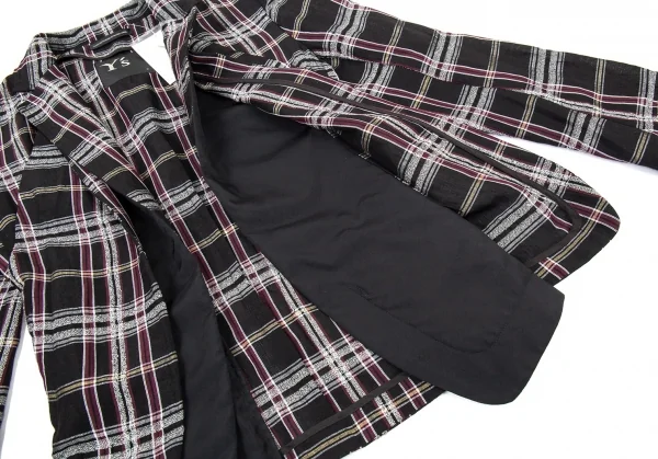 新品!ワイズY's フロントレイヤードボタンレスチェックジャケット 黒マルチ2 K-76780_008