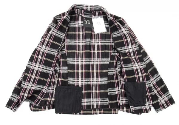 新品!ワイズY's フロントレイヤードボタンレスチェックジャケット 黒マルチ2 K-76780_009
