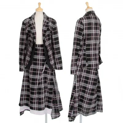 新品!ワイズY's フロントレイヤードチェックジャケットセットアップスーツ 黒マルチ