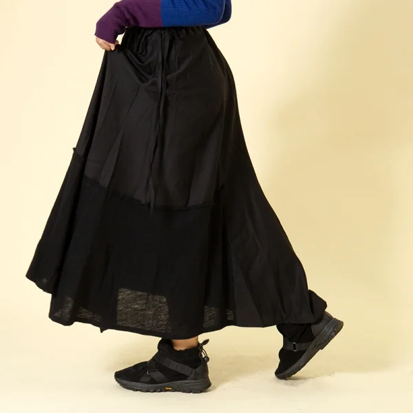 ヨウジヤマモト ノアールYohji Yamamoto NOIR 混紡ウールギャバ異素材切替ワイドスカート 黒1 K-76830_017