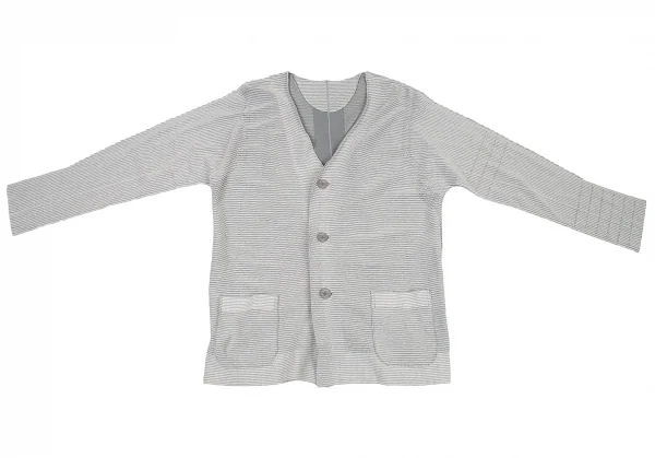 イッセイミヤケ メンISSEY MIYAKE MEN A.POC INSIDE カットデザイン横ストライプカーディガン ブルーグレー白1 K-77143_002