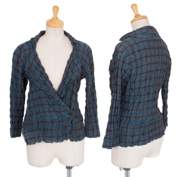 イッセイミヤケ ハートISSEY MIYAKE HaaT シルク使いシワ加工格子カシュクールシャツジャケット 青茶2 K-77164_001