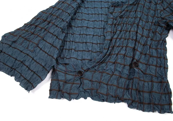 イッセイミヤケ ハートISSEY MIYAKE HaaT シルク使いシワ加工格子カシュクールシャツジャケット 青茶2 K-77164_011
