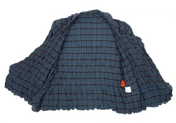 イッセイミヤケ ハートISSEY MIYAKE HaaT シルク使いシワ加工格子カシュクールシャツジャケット 青茶2 K-77164_013