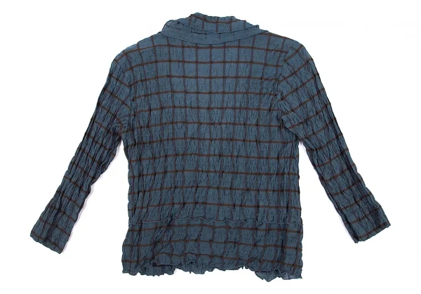 イッセイミヤケ ハートISSEY MIYAKE HaaT シルク使いシワ加工格子カシュクールシャツジャケット 青茶2 K-77164_014