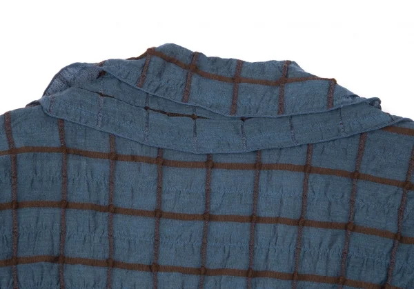イッセイミヤケ ハートISSEY MIYAKE HaaT シルク使いシワ加工格子カシュクールシャツジャケット 青茶2 K-77164_015