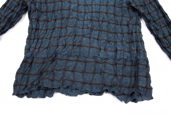 イッセイミヤケ ハートISSEY MIYAKE HaaT シルク使いシワ加工格子カシュクールシャツジャケット 青茶2 K-77164_016