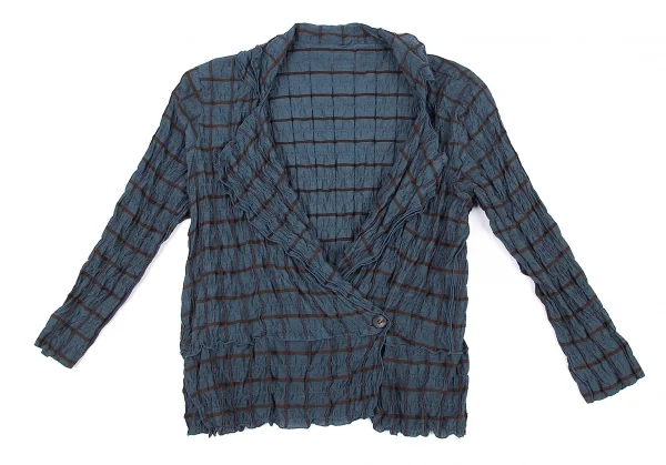 イッセイミヤケ ハートISSEY MIYAKE HaaT シルク使いシワ加工格子カシュクールシャツジャケット 青茶2 K-77164_002