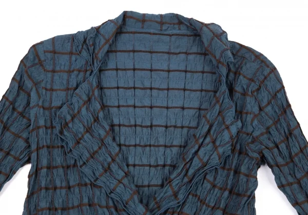 イッセイミヤケ ハートISSEY MIYAKE HaaT シルク使いシワ加工格子カシュクールシャツジャケット 青茶2 K-77164_003