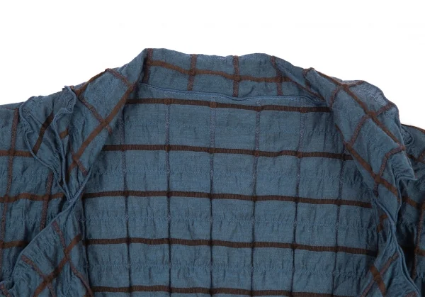 イッセイミヤケ ハートISSEY MIYAKE HaaT シルク使いシワ加工格子カシュクールシャツジャケット 青茶2 K-77164_004