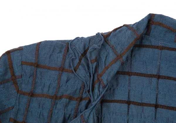 イッセイミヤケ ハートISSEY MIYAKE HaaT シルク使いシワ加工格子カシュクールシャツジャケット 青茶2 K-77164_005