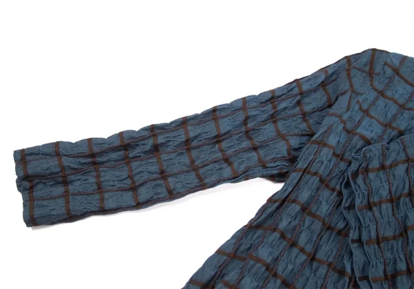 イッセイミヤケ ハートISSEY MIYAKE HaaT シルク使いシワ加工格子カシュクールシャツジャケット 青茶2 K-77164_006