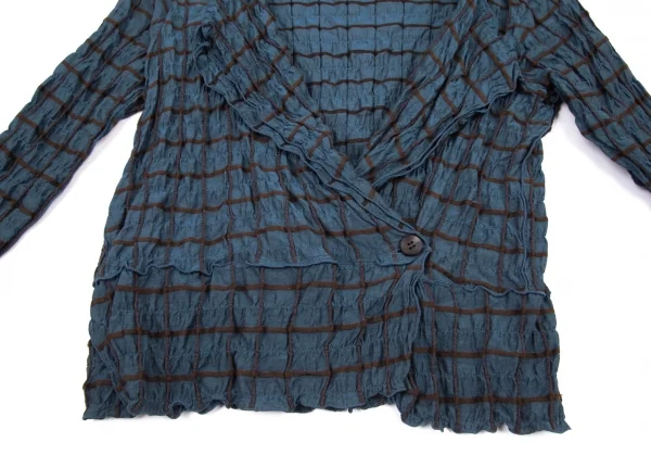 イッセイミヤケ ハートISSEY MIYAKE HaaT シルク使いシワ加工格子カシュクールシャツジャケット 青茶2 K-77164_008