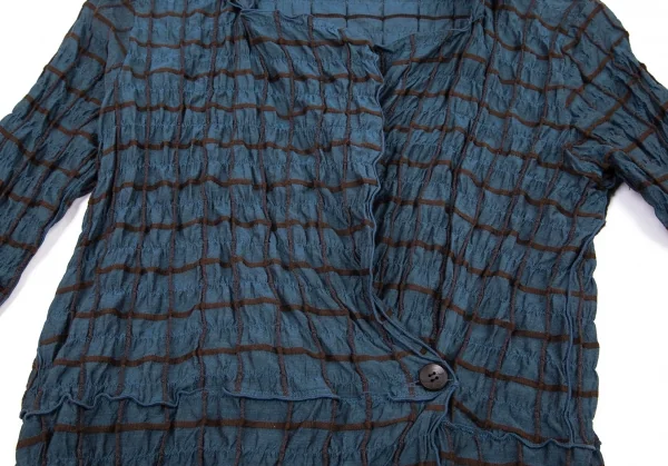 イッセイミヤケ ハートISSEY MIYAKE HaaT シルク使いシワ加工格子カシュクールシャツジャケット 青茶2 K-77164_009