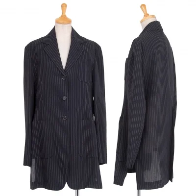 ロメオジリROMEO GIGLI ロングベントストライプウールリネンジャケット 紺