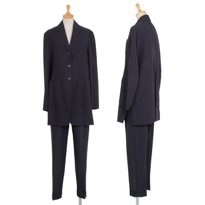 ロメオジリROMEO GIGLI ロングベントストライプウールリネンセットアップスーツ 紺
