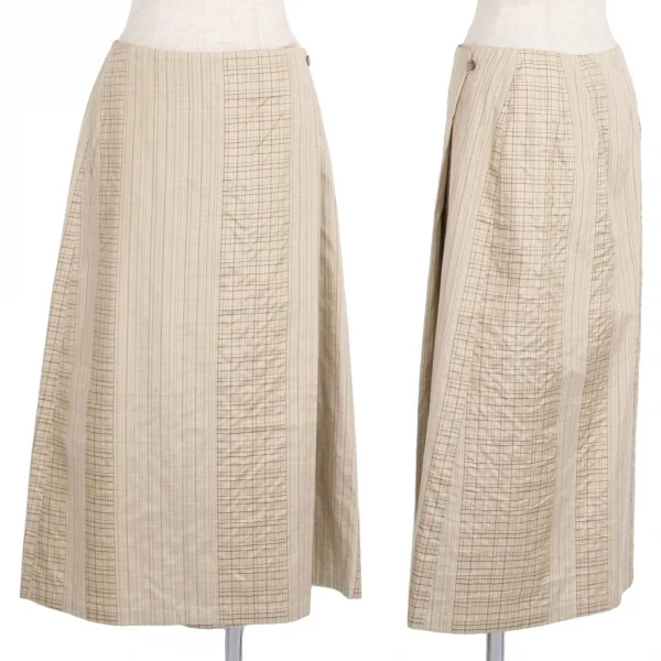 ヨーガンレールJURGEN LEHL シルクコットンチェック切替ストライプラップスカート ベージュM K-77279_001