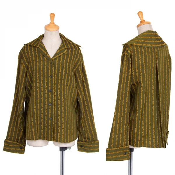 ジジリgigli 刺繍ストライプシャツ カーキ38(M) K-77282_001