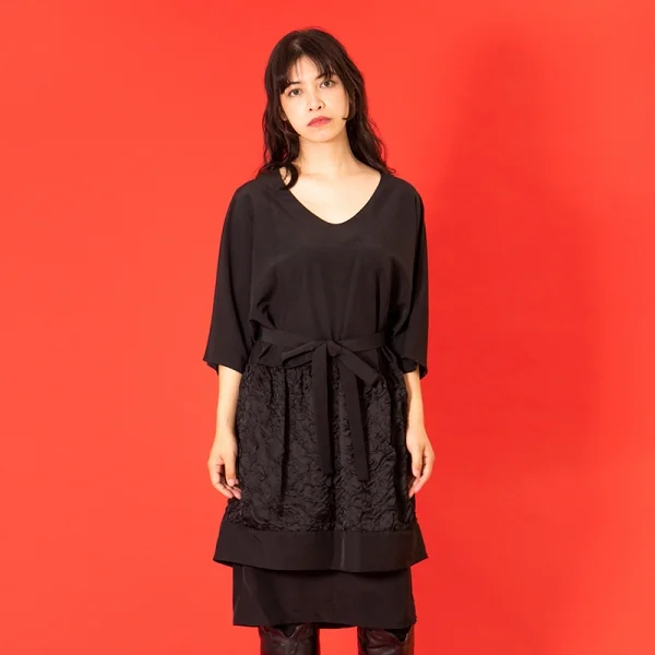 リミフゥLIMI feu シュリンク切替ドルマンレイヤードワンピース 黒S K-77747_017