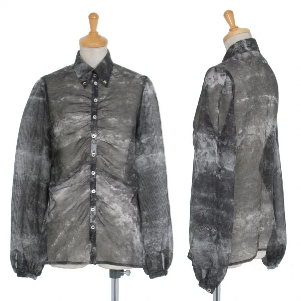 ジャンポールゴルチエ ファムJean Paul GAULTIER FEMME まだらプリントフロントギャザーメッシュシャツ グレー白40 K-78057_001