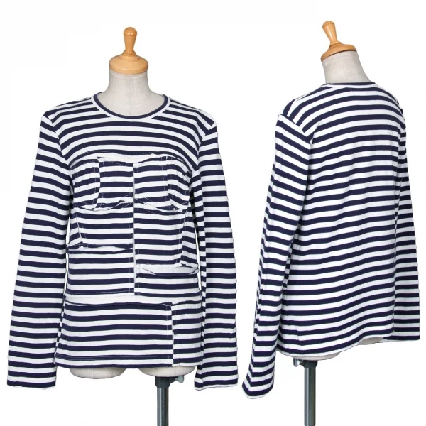 コムコム コムデギャルソンCOMME des GARCONS フロントパッチワーク切替ボーダー長袖Tシャツ 白紺L K-79106_001