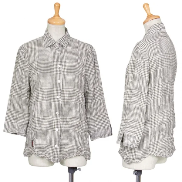 マドモアゼルノンノンMademoiselle NON NON ギンガムチェック七分袖シャツ カーキ白38M K-79555_001
