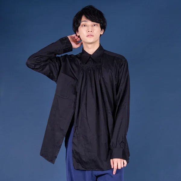 ヨウジヤマモト プールオムYohji Yamamoto POUR HOMME 首プリーツ合わせコットンシャツ 黒3 K-80421_017