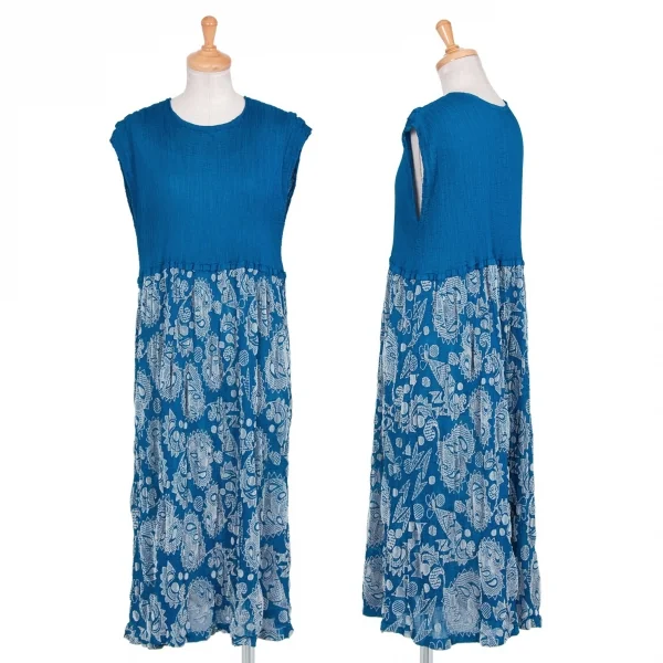 イッセイミヤケ ミーISSEY MIYAKE me ペイズリーフロッキープリント切替プリーツノースリーブワンピース 青F K-80779_001