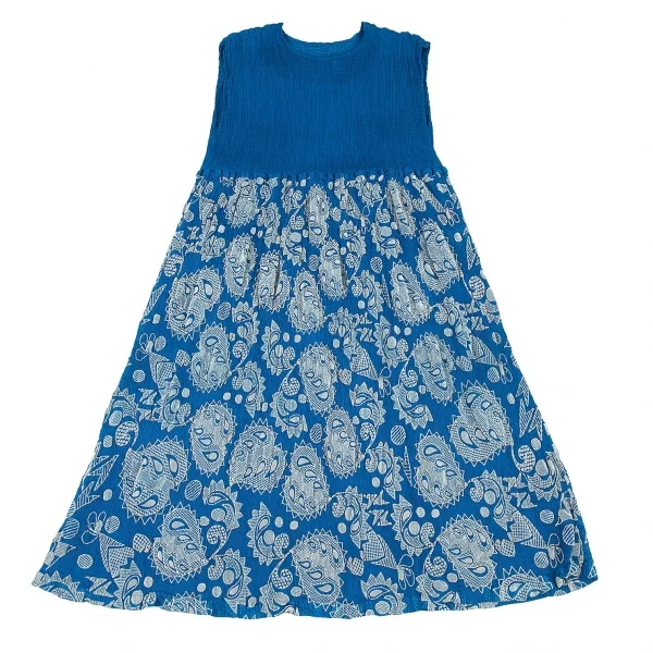 イッセイミヤケ ミーISSEY MIYAKE me ペイズリーフロッキープリント切替プリーツノースリーブワンピース 青F K-80779_002