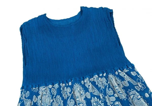 イッセイミヤケ ミーISSEY MIYAKE me ペイズリーフロッキープリント切替プリーツノースリーブワンピース 青F K-80779_003