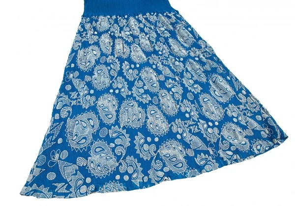 イッセイミヤケ ミーISSEY MIYAKE me ペイズリーフロッキープリント切替プリーツノースリーブワンピース 青F K-80779_006