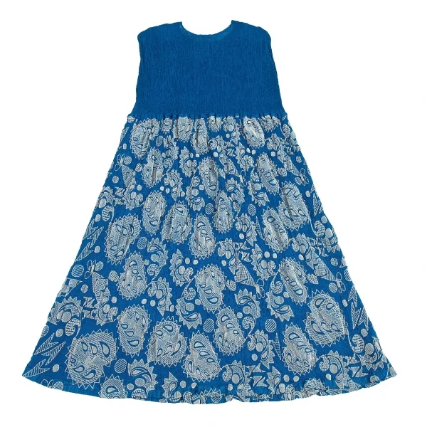 イッセイミヤケ ミーISSEY MIYAKE me ペイズリーフロッキープリント切替プリーツノースリーブワンピース 青F K-80779_008