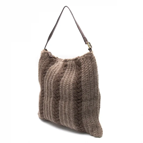フェンディFENDI ニットレザーショルダーバッグ 茶 K-81085_001