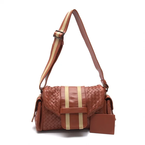 ボッテガヴェネタBOTTEGA VENETA イントレチャートショルダーバッグ コンパクトミラー付 茶 キャメル K-81087_001