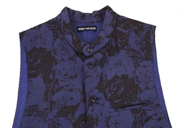 イッセイミヤケ メンISSEY MIYAKE MEN ローズプリントスタンドカラー中綿ベスト 紫黒XL K-81380_002