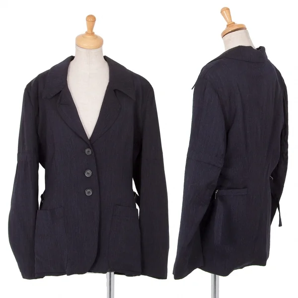 アンドゥムルメステールANN DEMEULEMEESTER ウールレーヨンスリーブギャザーサイドベルトジャケット 紺36 K-81399_001